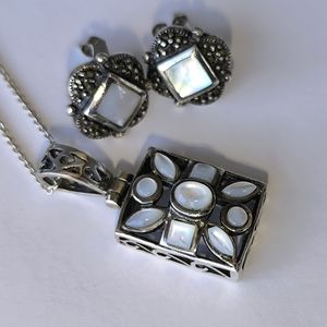 Mother Of Pearl Marcasites In Sterling Silver Stud Earrings, Moonstone Necklace